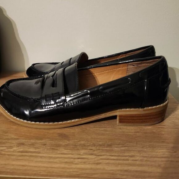 Steve Madden Patent Leather Penny Loafers Black Mellany Shiny Stacked Heel - Picture 4 of 4